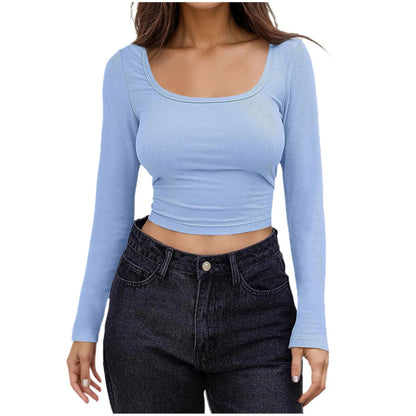 Women Long Sleeve Scoop Neck Shirts Casual Slim