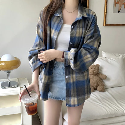Women Tartan Shirt Long Sleeve Collared Button Up Oversized Plaid Shirt