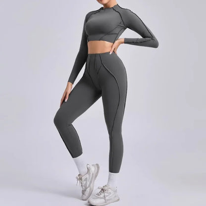 Seamless Yoga Sets Sports Fitness Hip-lifting High Waist Pleated Pants Long-sleeved Suits