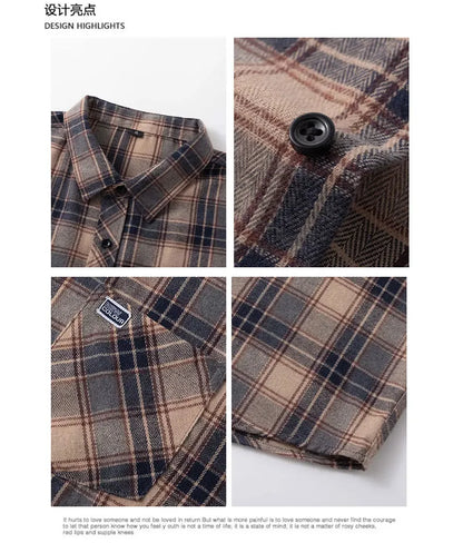 Men Shirt Plaid Flannel Spring Autumn Long Sleeve Blue Loose Men's Casual Shirt