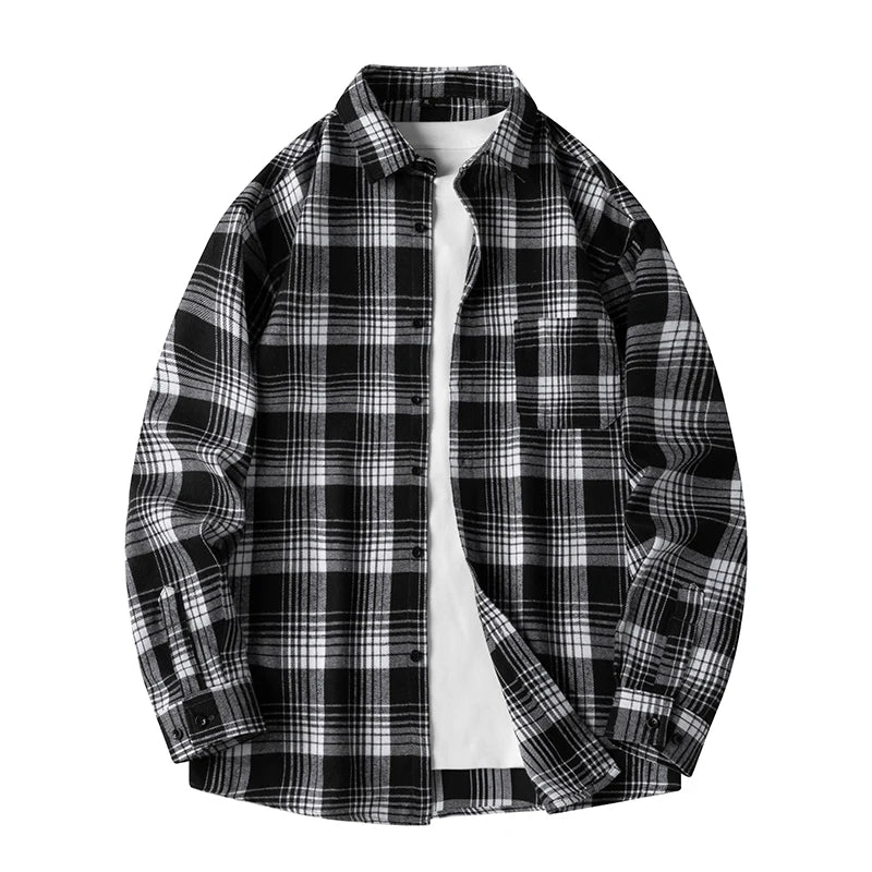Men Shirt Plaid Flannel Spring Autumn Long Sleeve Blue Loose Men's Casual Shirt