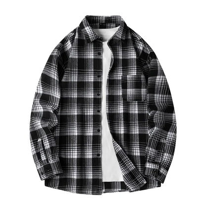 Men Shirt Plaid Flannel Spring Autumn Long Sleeve Blue Loose Men's Casual Shirt