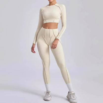 Seamless Yoga Sets Sports Fitness Hip-lifting High Waist Pleated Pants Long-sleeved Suits