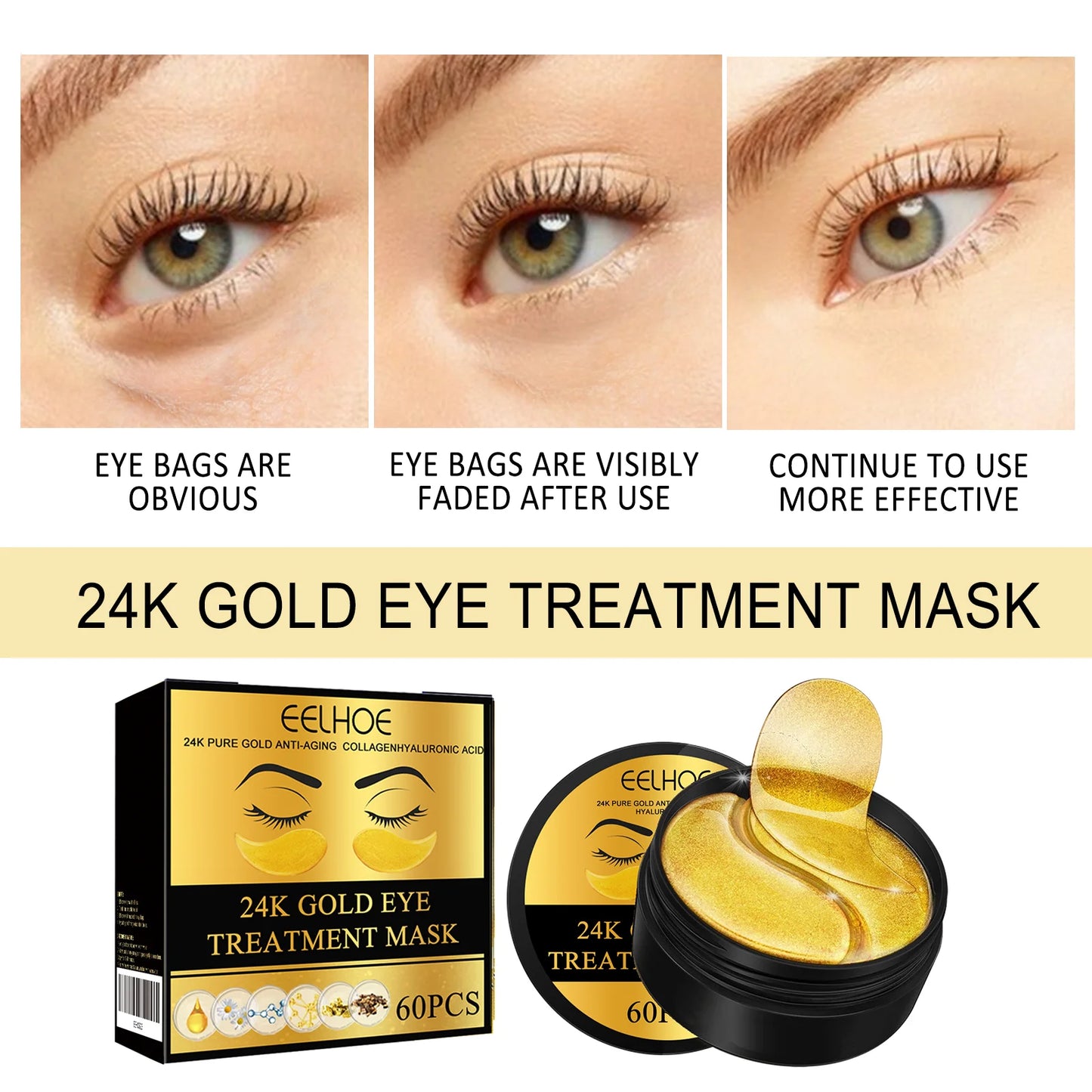 60PCS 24K Gold Eye Mask Anti Dark Circles Removal
