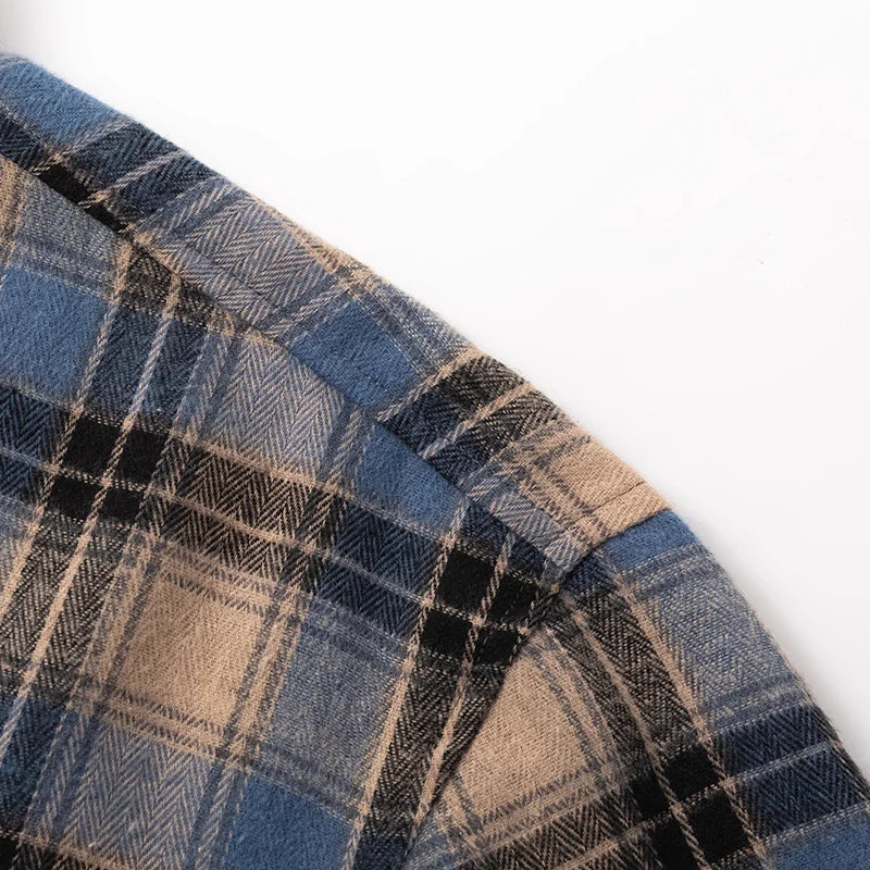 Men Shirt Plaid Flannel Spring Autumn Long Sleeve Blue Loose Men's Casual Shirt