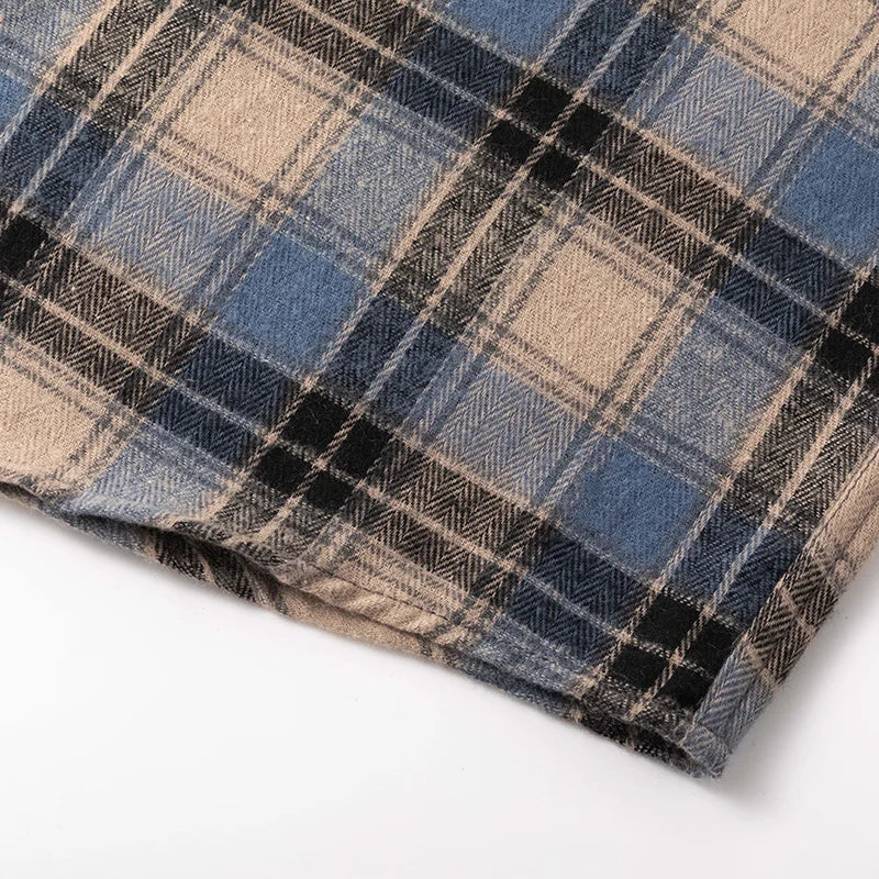 Men Shirt Plaid Flannel Spring Autumn Long Sleeve Blue Loose Men's Casual Shirt