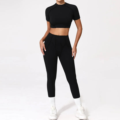 Seamless Yoga Sets Sports Fitness Hip-lifting High Waist Pleated Pants Long-sleeved Suits