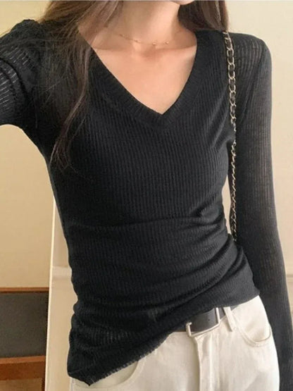 Women Long Sleeve T Shirt Thin Perspective Summer Solid Slim Casual Shirts