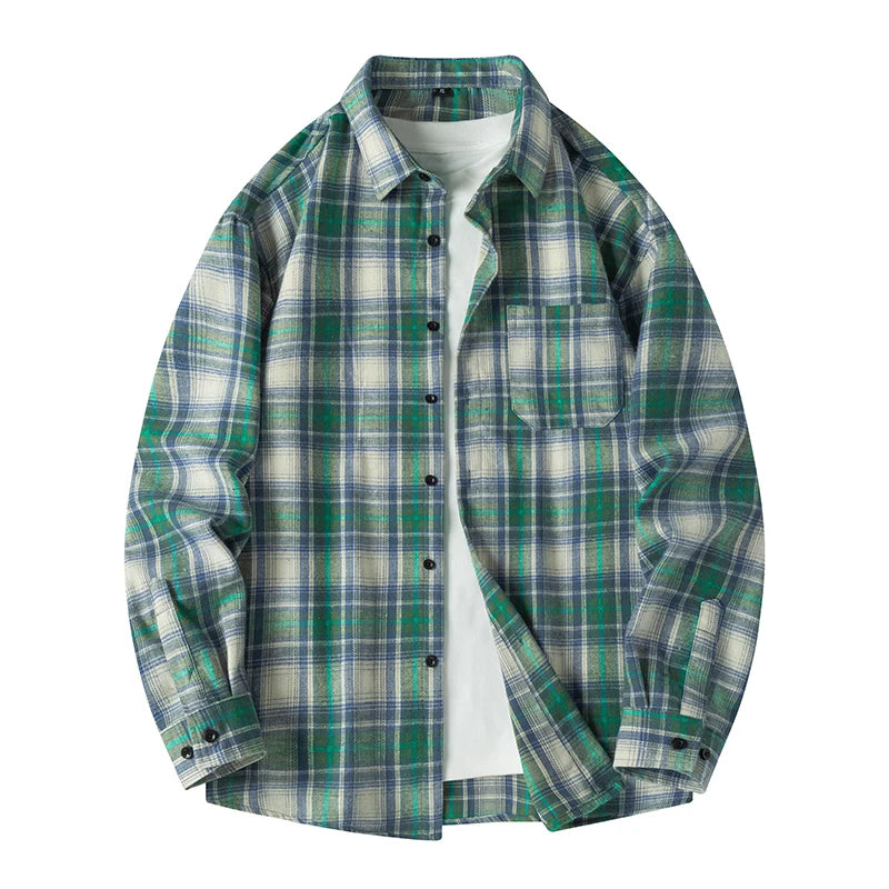 Men Shirt Plaid Flannel Spring Autumn Long Sleeve Blue Loose Men's Casual Shirt