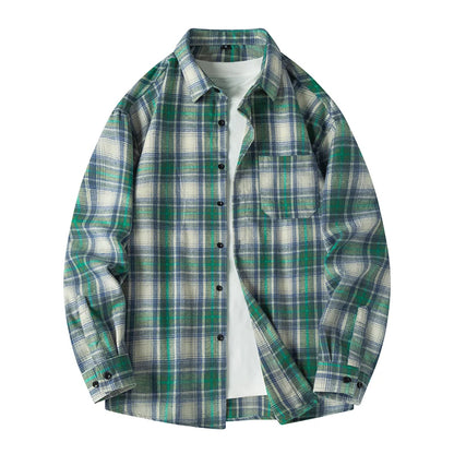Men Shirt Plaid Flannel Spring Autumn Long Sleeve Blue Loose Men's Casual Shirt