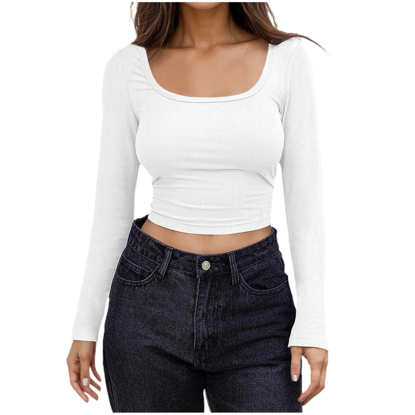 Women Long Sleeve Scoop Neck Shirts Casual Slim