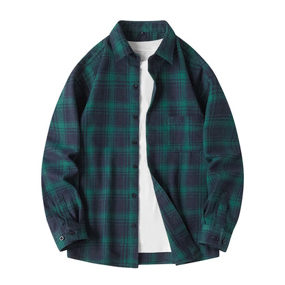 Men Shirt Plaid Flannel Spring Autumn Long Sleeve Blue Loose Men's Casual Shirt