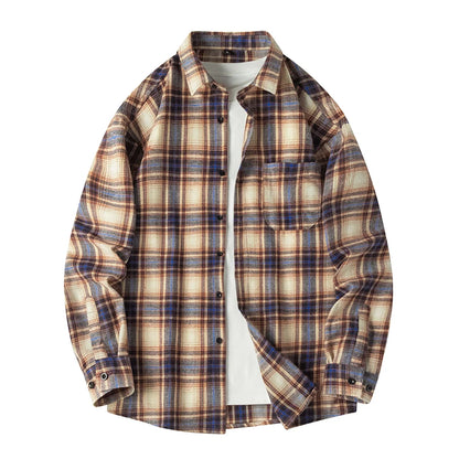 Men Shirt Plaid Flannel Spring Autumn Long Sleeve Blue Loose Men's Casual Shirt