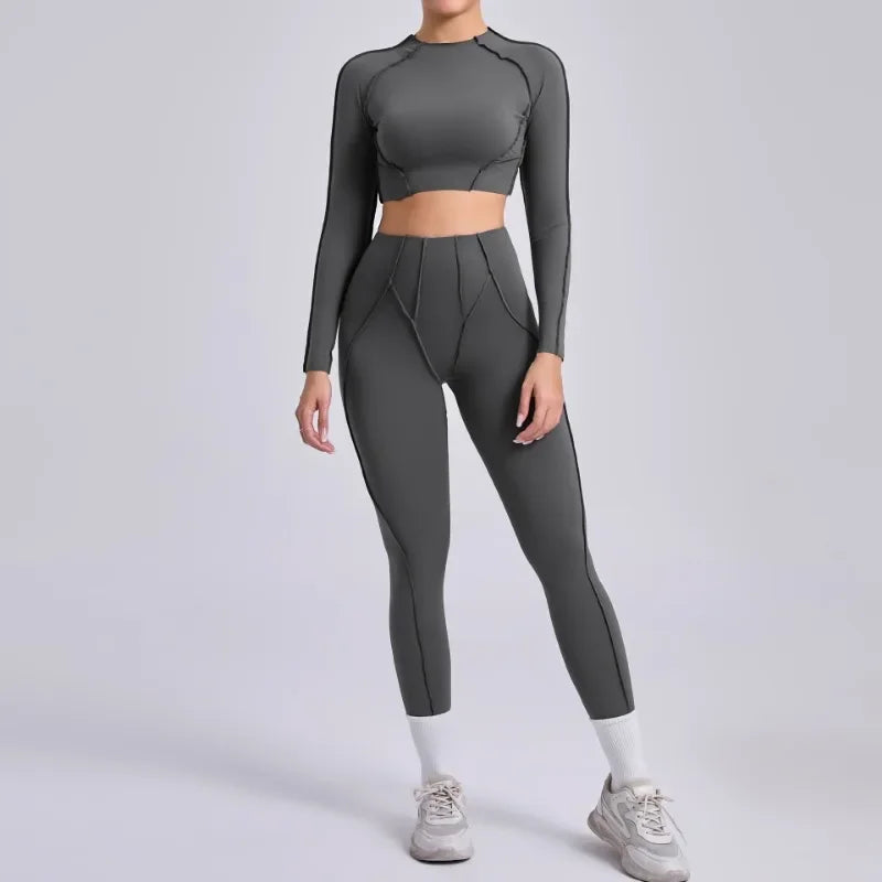 Seamless Yoga Sets Sports Fitness Hip-lifting High Waist Pleated Pants Long-sleeved Suits