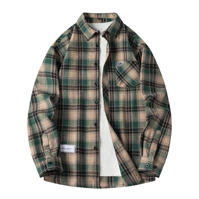 Men Shirt Plaid Flannel Spring Autumn Long Sleeve Blue Loose Men's Casual Shirt