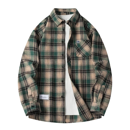 Men Shirt Plaid Flannel Spring Autumn Long Sleeve Blue Loose Men's Casual Shirt