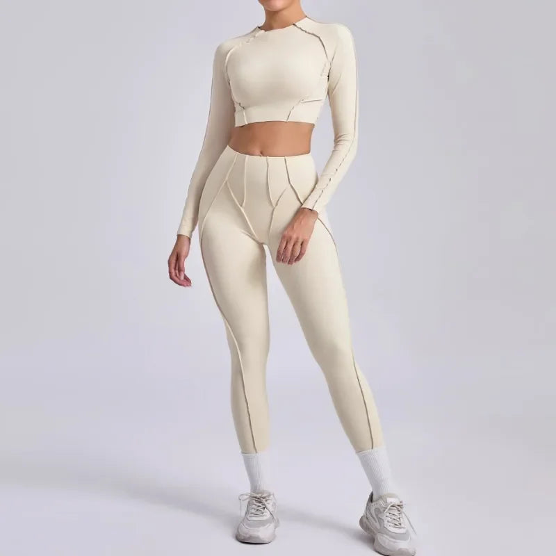 Seamless Yoga Sets Sports Fitness Hip-lifting High Waist Pleated Pants Long-sleeved Suits