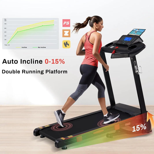 15% Auto Incline Treadmills for Home, 10 MPH Speed, 3.0 HP Foldable Treadmill, 18" Wider Belt, 36 Programs, Running Treadmills