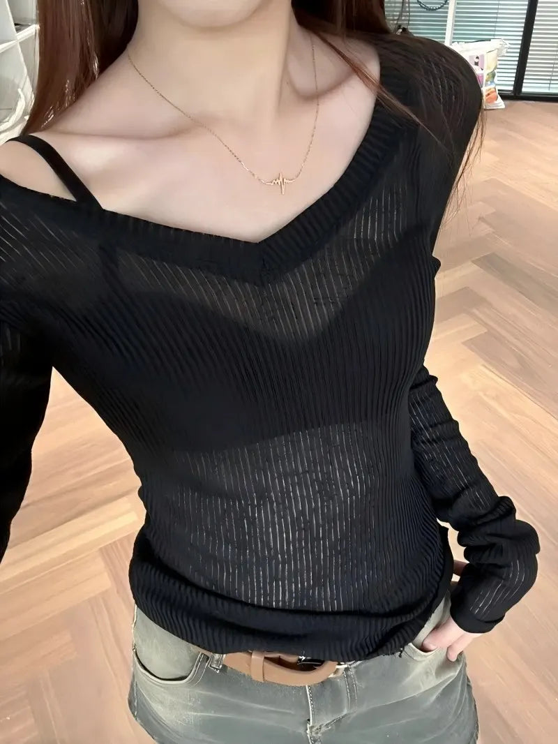 Women Long Sleeve T Shirt Thin Perspective Summer Solid Slim Casual Shirts