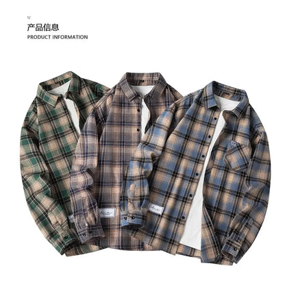 Men Shirt Plaid Flannel Spring Autumn Long Sleeve Blue Loose Men's Casual Shirt