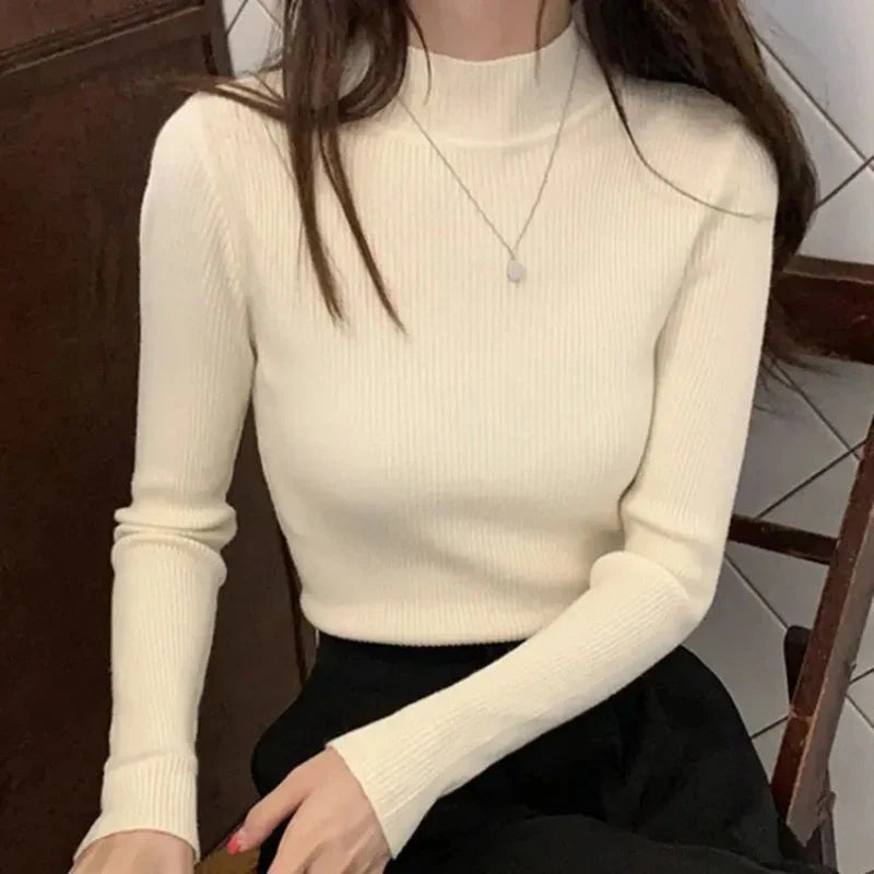 Autumn Winter Mock Neck Women Sweater Vintage