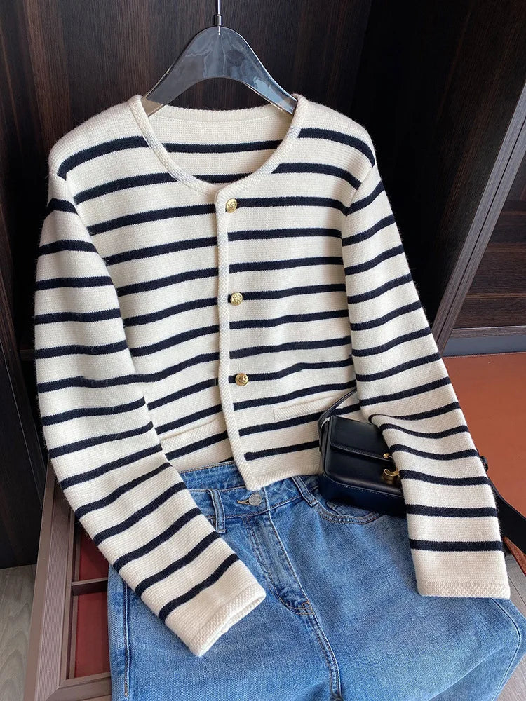 Women Stripe Knitted Cardigans Spring Autumn O-neck