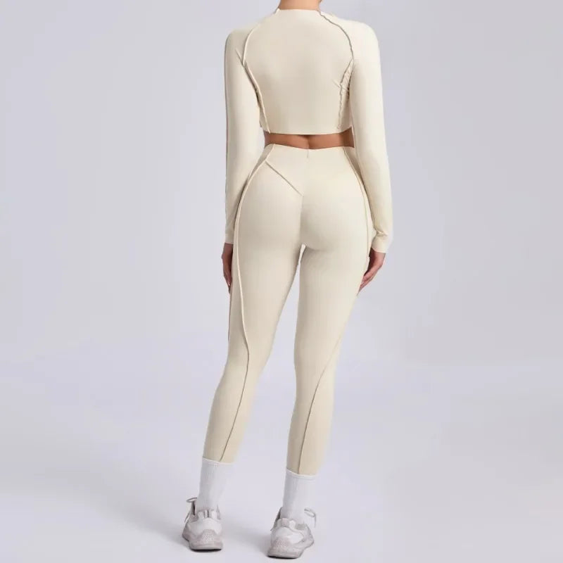 Seamless Yoga Sets Sports Fitness Hip-lifting High Waist Pleated Pants Long-sleeved Suits
