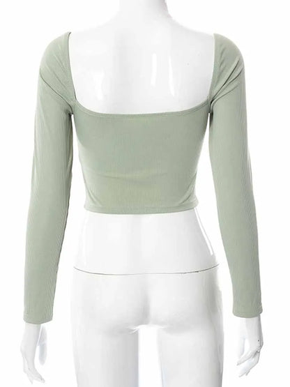 Hollow-Out V-neck Long Sleeve Crop Tops Spring Fall