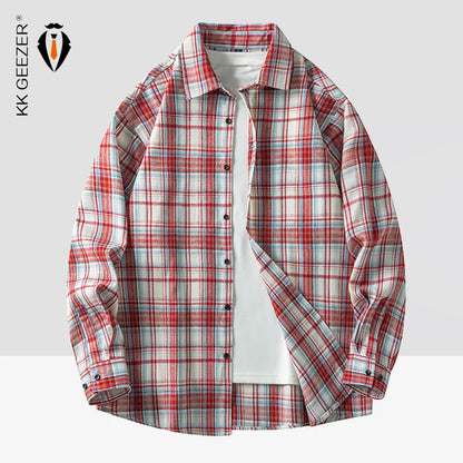 Men Shirt Plaid Flannel Long Sleeve Oversized Loose Cotton