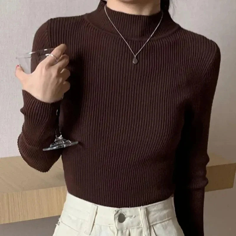 Autumn Winter Mock Neck Women Sweater Vintage