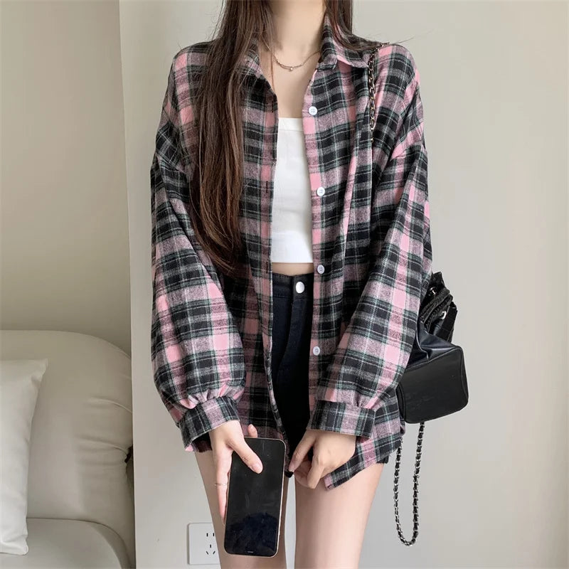 Women Tartan Shirt Long Sleeve Collared Button Up Oversized Plaid Shirt