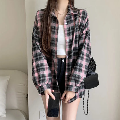 Women Tartan Shirt Long Sleeve Collared Button Up Oversized Plaid Shirt