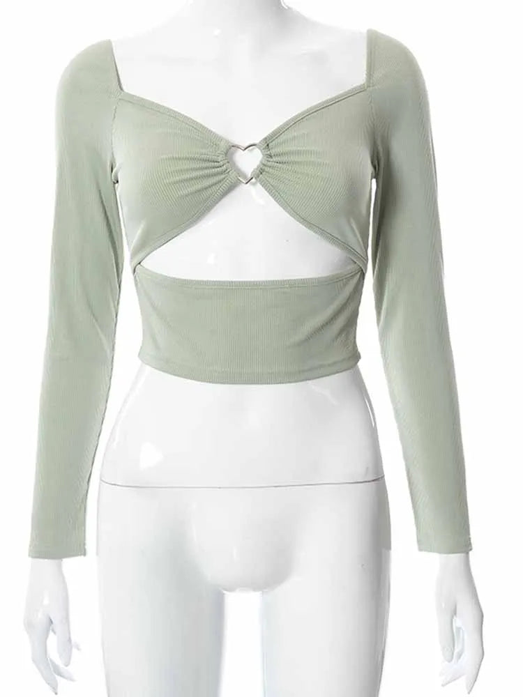 Hollow-Out V-neck Long Sleeve Crop Tops Spring Fall