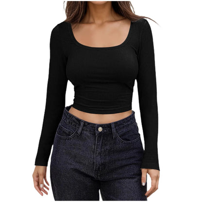 Women Long Sleeve Scoop Neck Shirts Casual Slim
