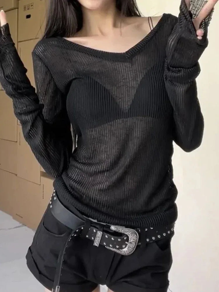 Women Long Sleeve T Shirt Thin Perspective Summer Solid Slim Casual Shirts