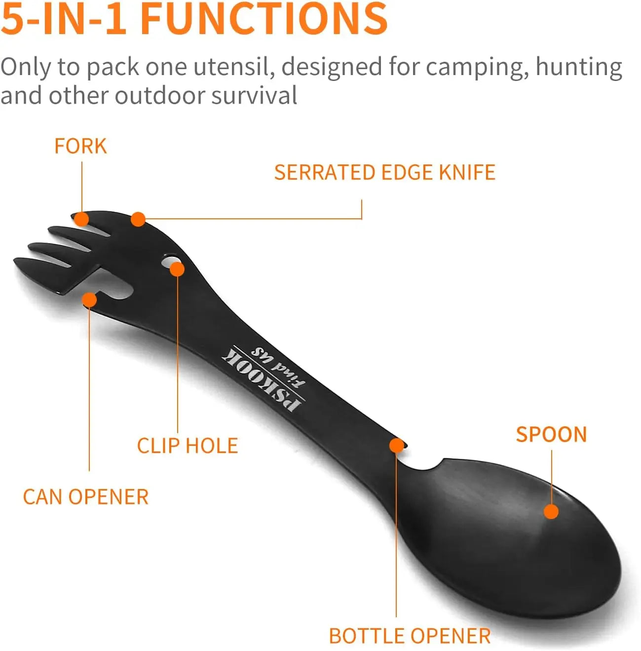 5-in-1 Utility Tactical Spork, Stainless Steel Spoon & Bottle Opener