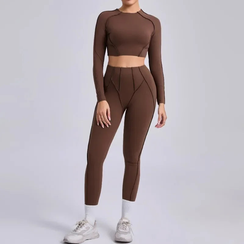 Seamless Yoga Sets Sports Fitness Hip-lifting High Waist Pleated Pants Long-sleeved Suits