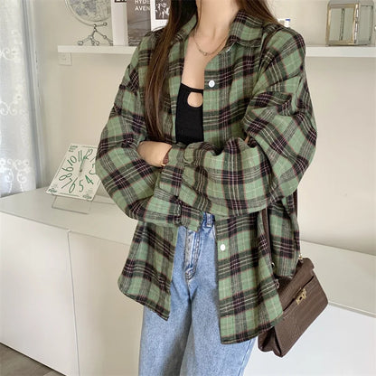 Women Tartan Shirt Long Sleeve Collared Button Up Oversized Plaid Shirt