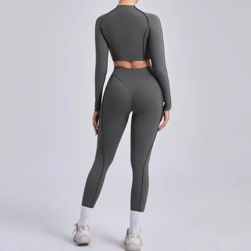 Seamless Yoga Sets Sports Fitness Hip-lifting High Waist Pleated Pants Long-sleeved Suits