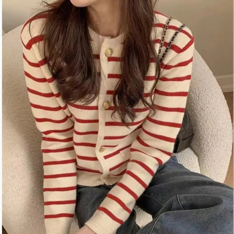 Women Stripe Knitted Cardigans Spring Autumn O-neck