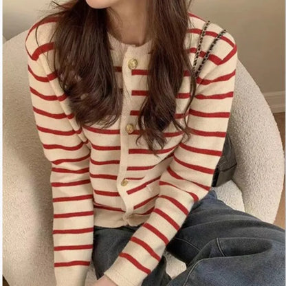 Women Stripe Knitted Cardigans Spring Autumn O-neck