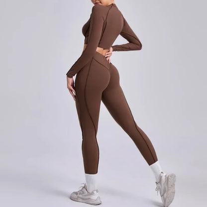 Seamless Yoga Sets Sports Fitness Hip-lifting High Waist Pleated Pants Long-sleeved Suits