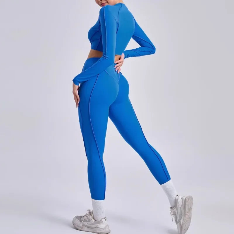 Seamless Yoga Sets Sports Fitness Hip-lifting High Waist Pleated Pants Long-sleeved Suits