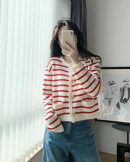 Women Stripe Knitted Cardigans Spring Autumn O-neck