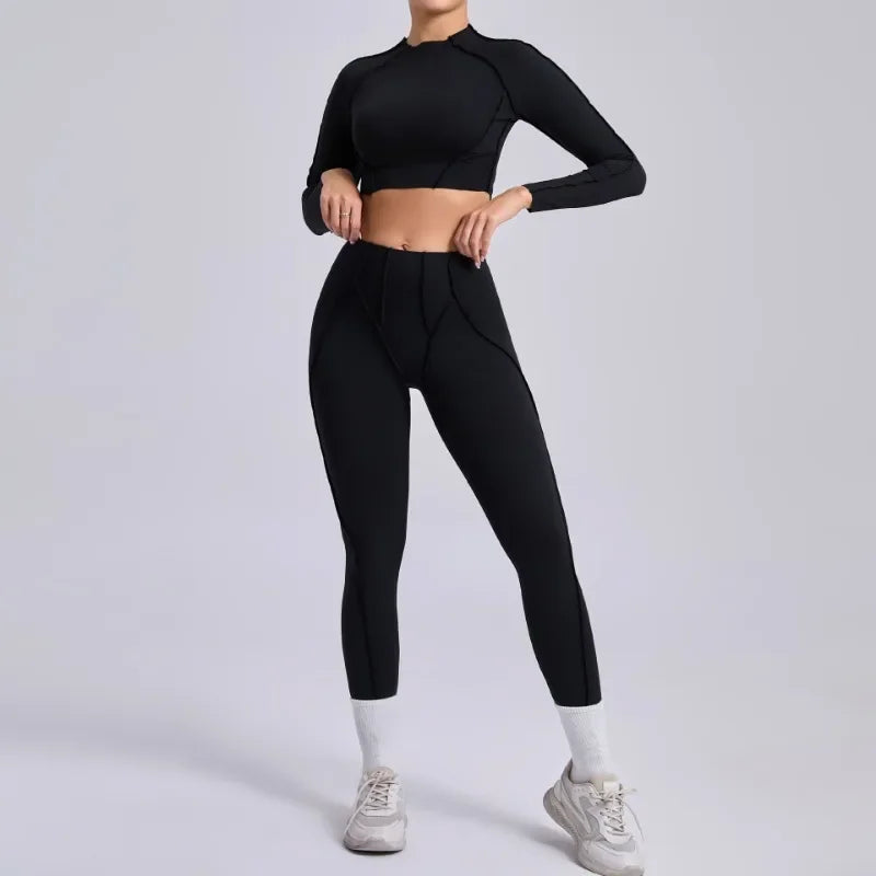 Seamless Yoga Sets Sports Fitness Hip-lifting High Waist Pleated Pants Long-sleeved Suits