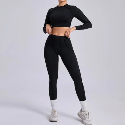 Seamless Yoga Sets Sports Fitness Hip-lifting High Waist Pleated Pants Long-sleeved Suits
