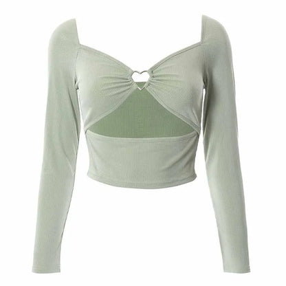 Hollow-Out V-neck Long Sleeve Crop Tops Spring Fall