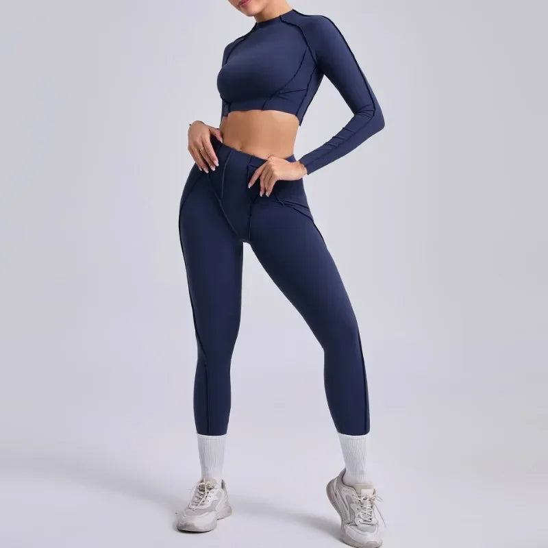 Seamless Yoga Sets Sports Fitness Hip-lifting High Waist Pleated Pants Long-sleeved Suits