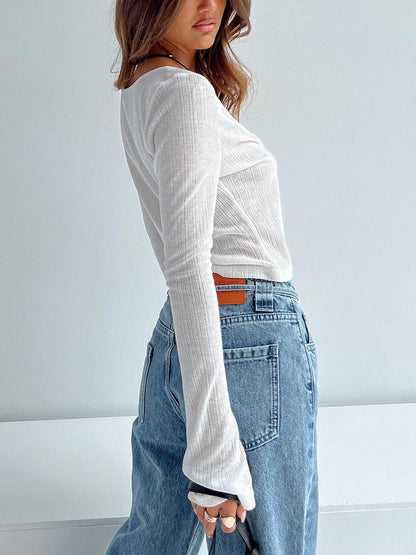 Fall Ladies Crop Top Long Sleeve Tie-up