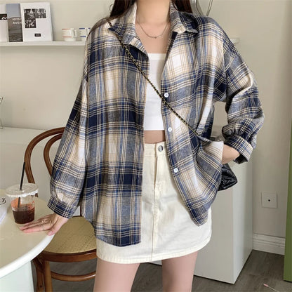 Women Tartan Shirt Long Sleeve Collared Button Up Oversized Plaid Shirt